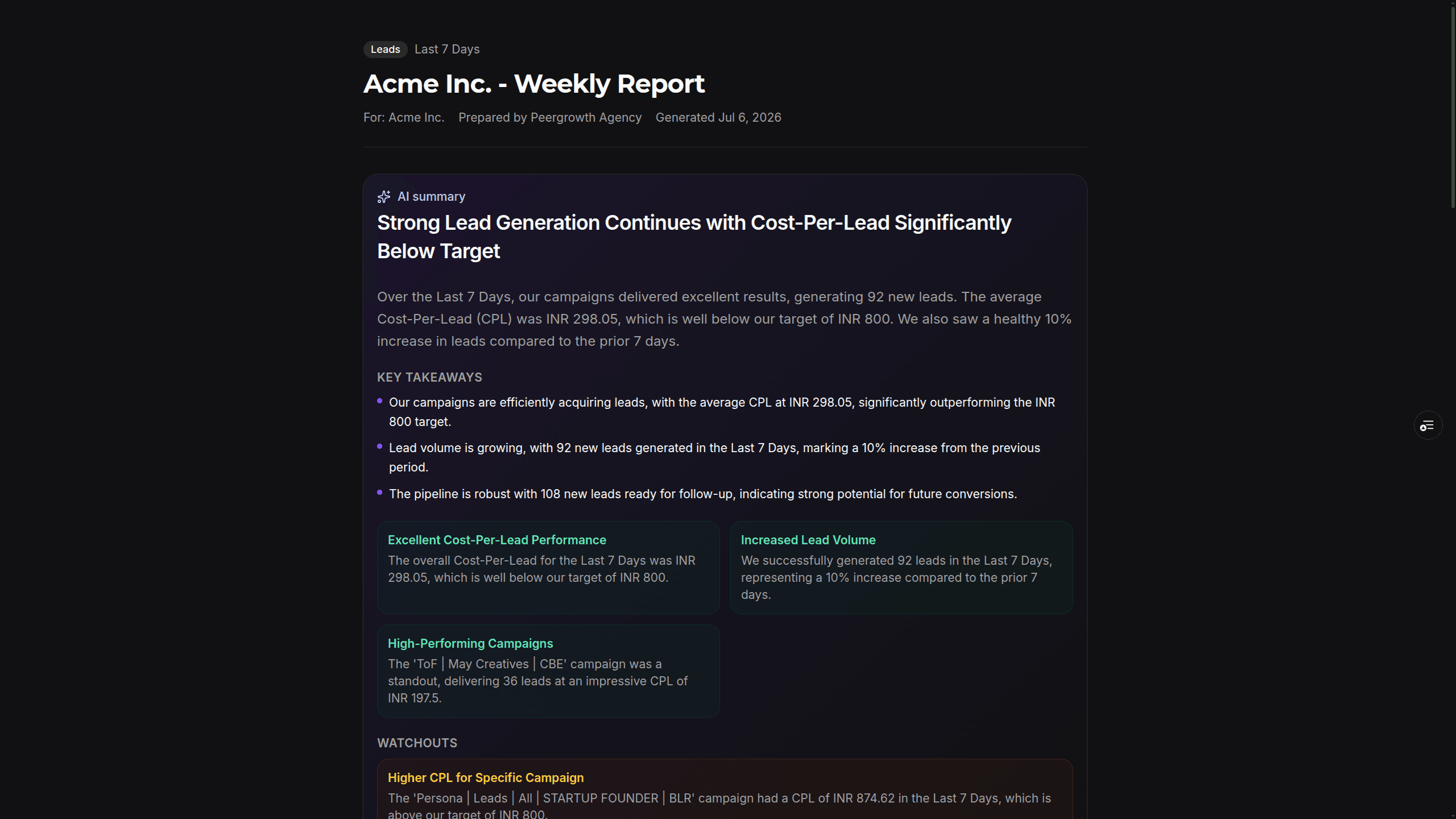 Peergrowth Pulse client report view